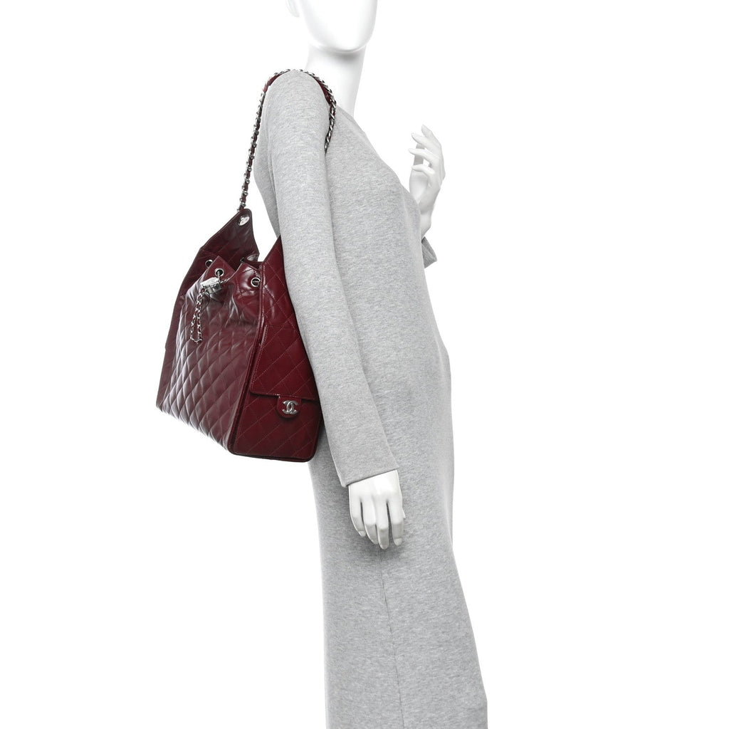 Shiny Crumpled Calfskin Quilted Medium Chanel 25 Handbag Dark Burgundy
