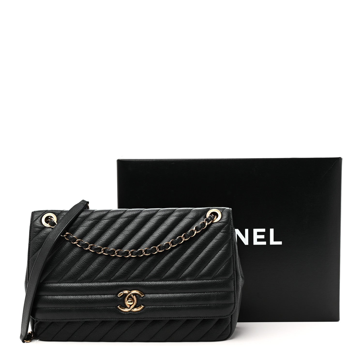 Shiny Goatskin Diagonal Quilted Large Flap Black