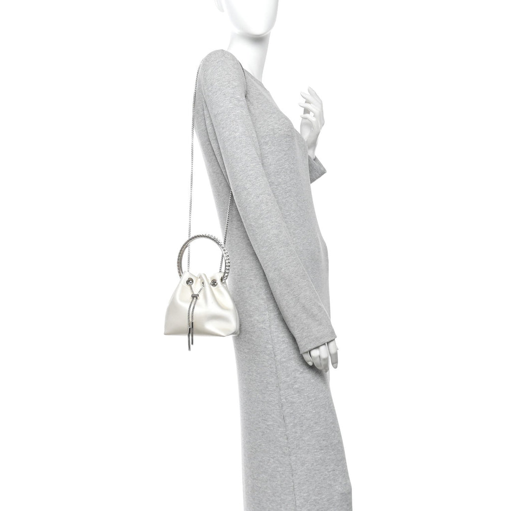 Satin Crystal Embellished Bon Bon Bucket Bag White