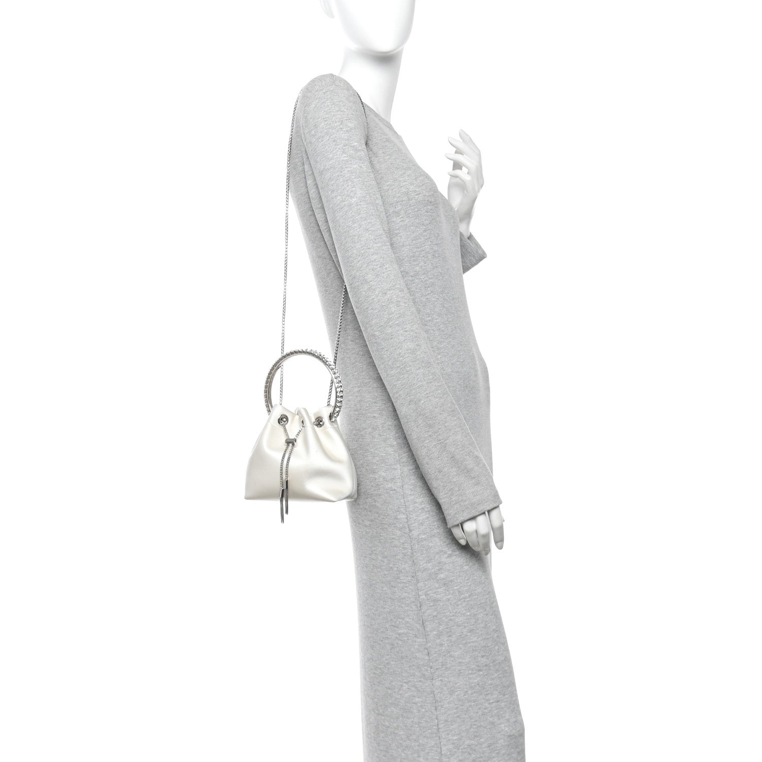 Satin Crystal Embellished Bon Bon Bucket Bag White
