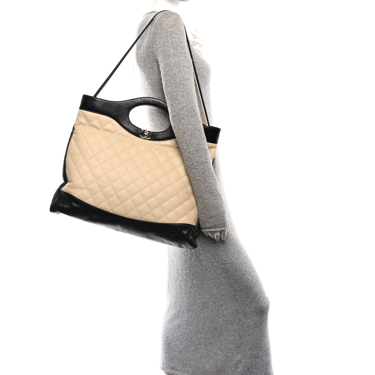 Aged Calfskin Quilted Large 31 Shopping Bag Beige Black