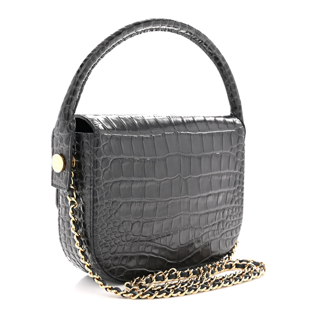 Calfskin Crocodile Embossed Turn Around Mini Flap Dark Grey