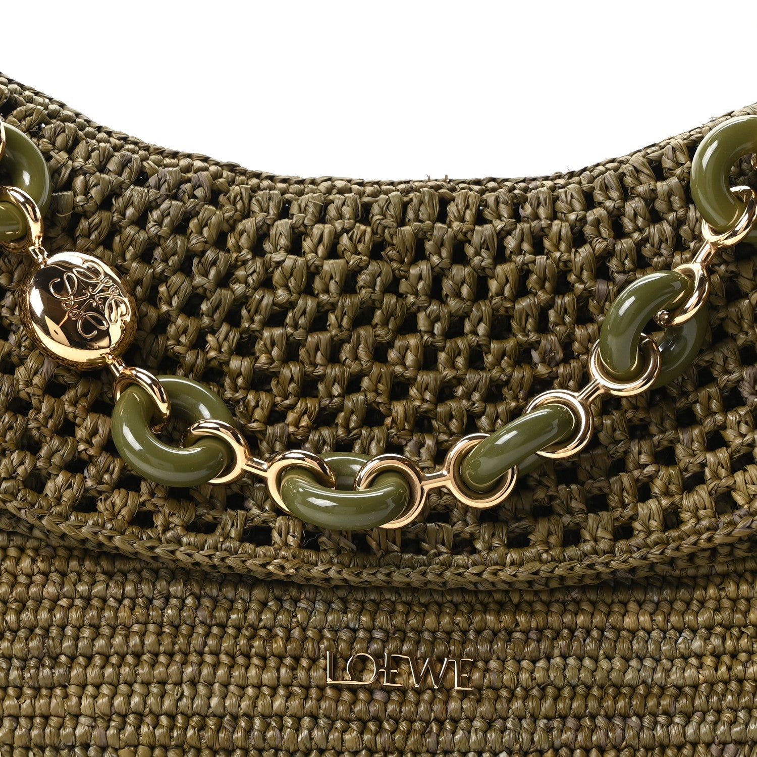 Raffia Calfskin Donut Chain Medium Ola Shoulder Bag Dark Khaki
