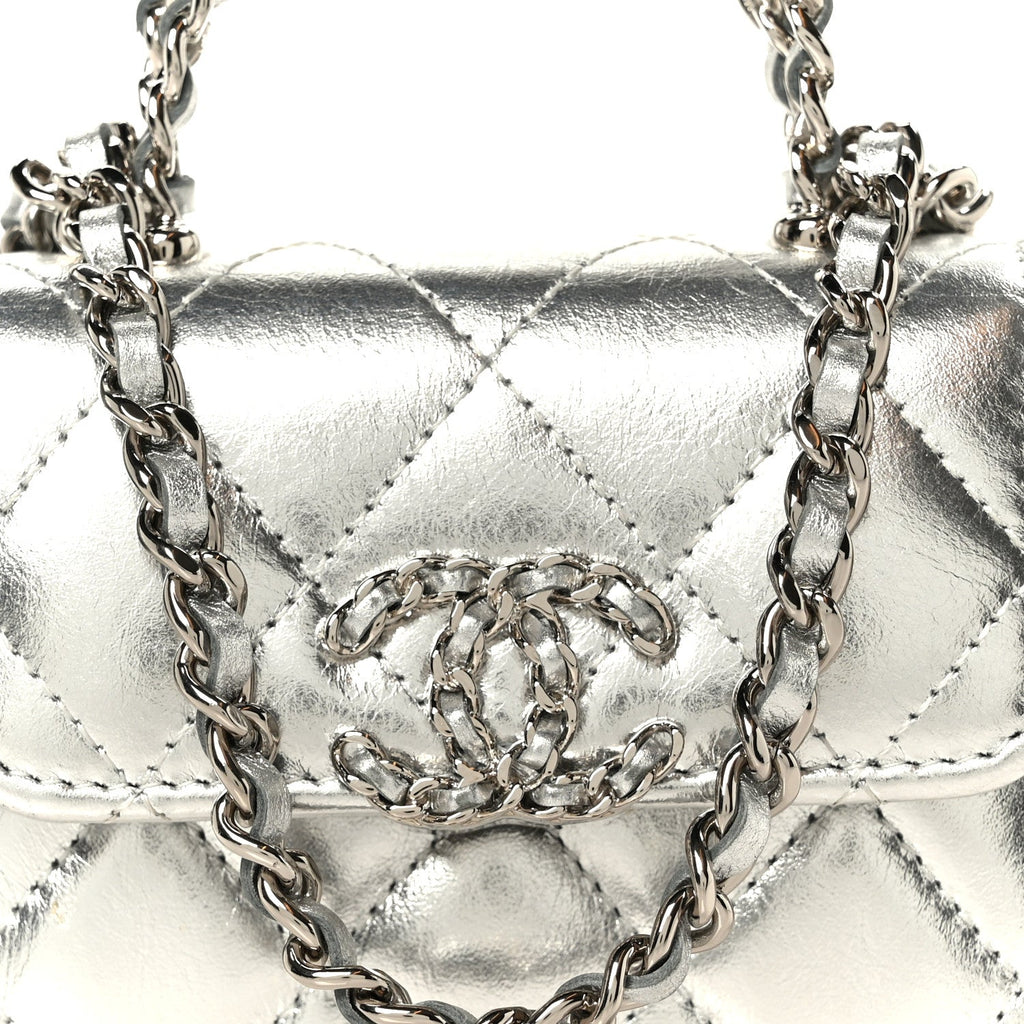 Metallic Lambskin Quilted Mini Chain CC Top Handle Clutch With Chain Silver