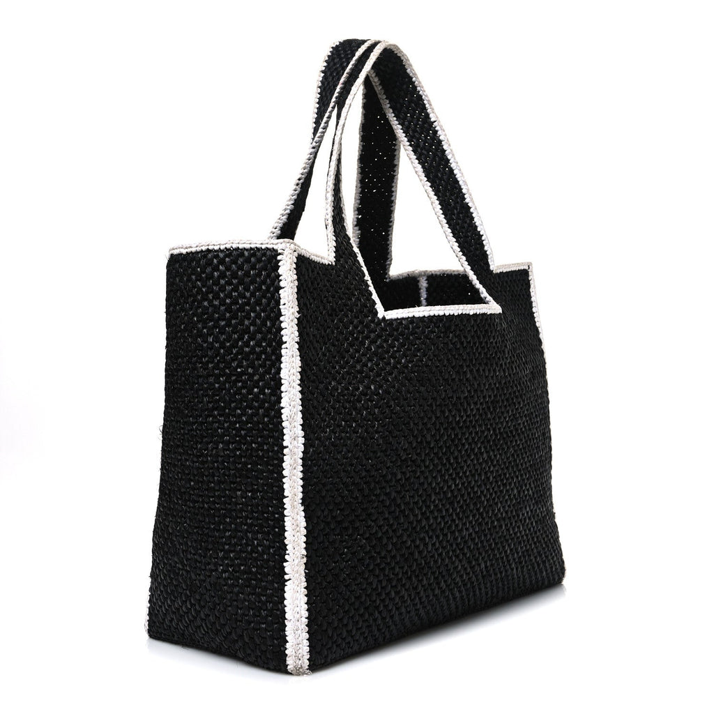 Raffia Large Paula's Ibiza Logo Tote Black White