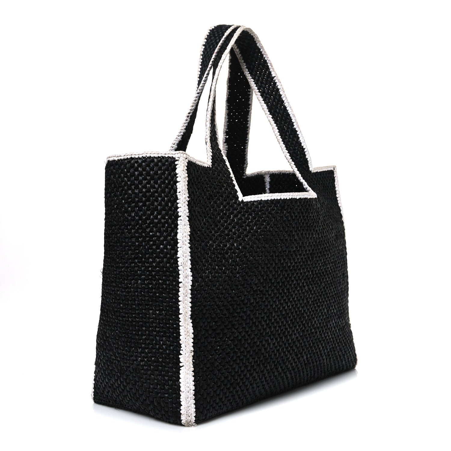 Raffia Large Paula's Ibiza Logo Tote Black White