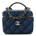Printed Denim Quilted Mini Top Handle Vanity Case With Chain Dark Blue