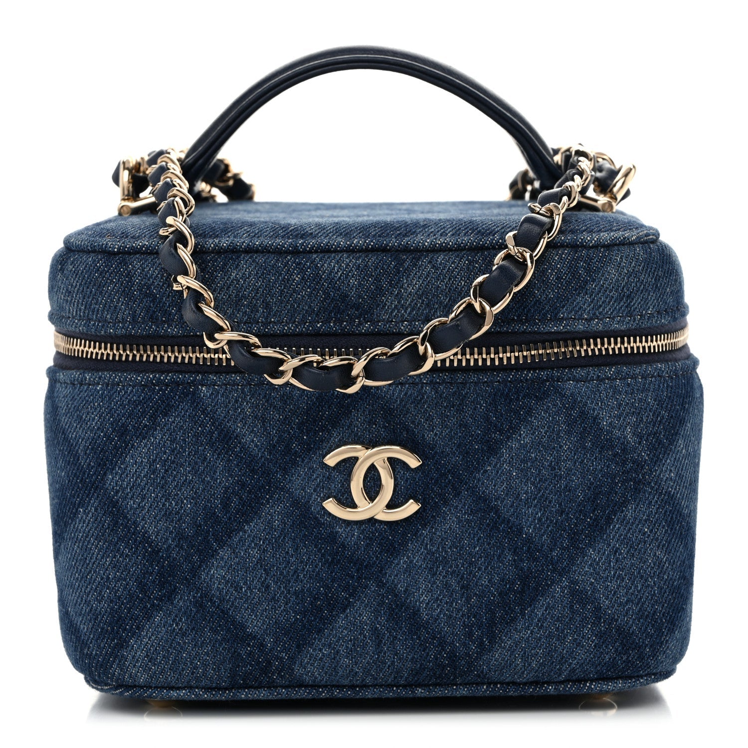 Printed Denim Quilted Mini Top Handle Vanity Case With Chain Dark Blue