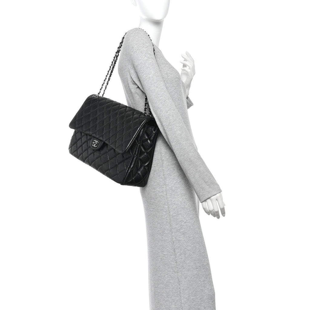 Grained Calfskin Quilted XXL Travel Flap Bag Black