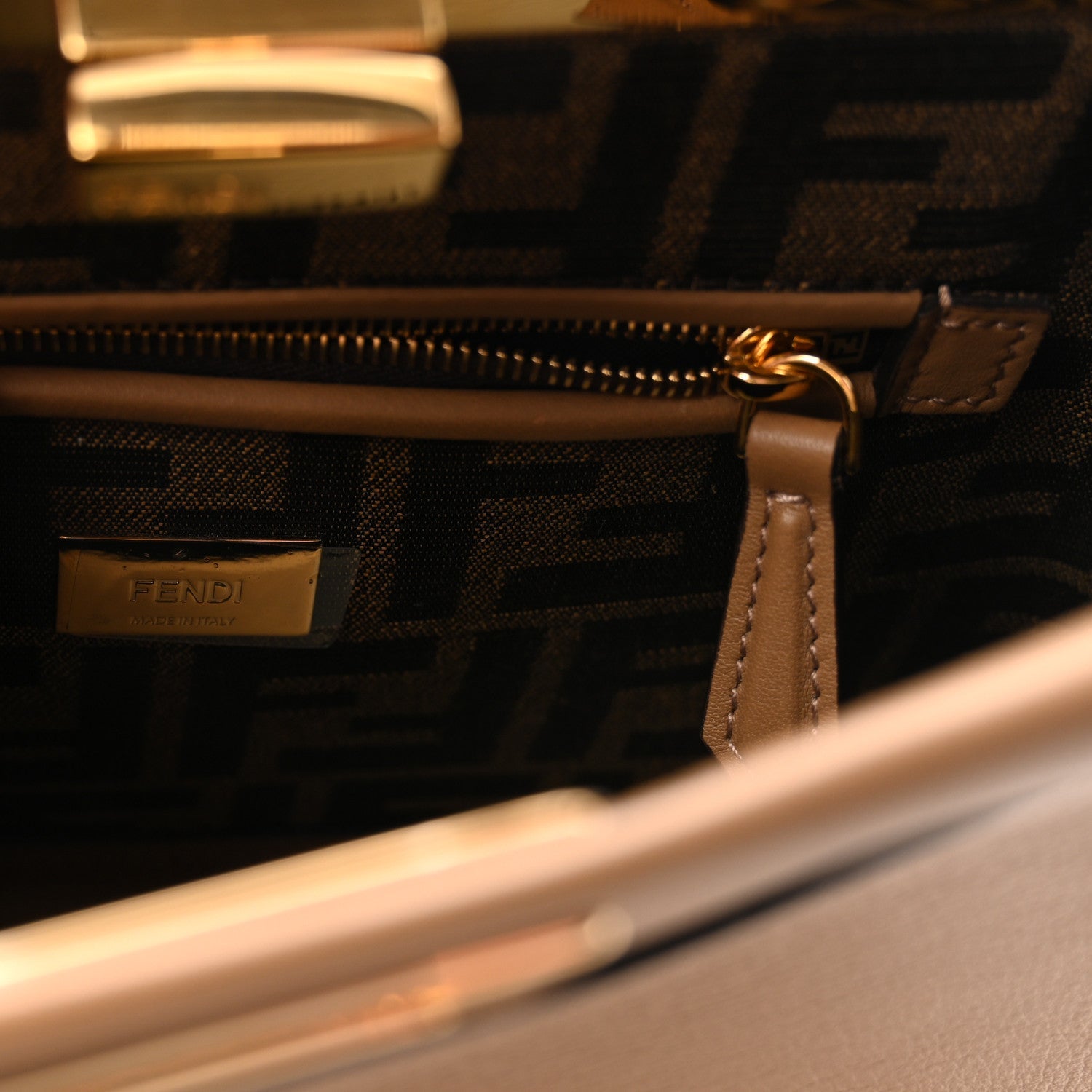 Vitello Seta Fabric Jacquard FF 1974 Mini Peekaboo Iconic Satchel Sand Tobacco Moro