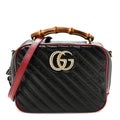 Vintage Effect Calfskin Matelasse Diagonal Small Torchon GG Marmont Bamboo Top Handle Shoulder Bag Black Romantic Cherry