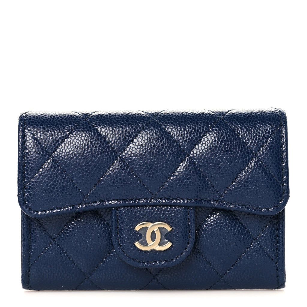 Caviar Quilted Flap Card Holder Wallet Navy Blue
