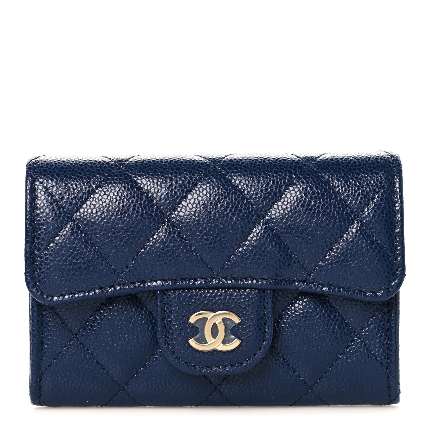 Caviar Quilted Flap Card Holder Wallet Navy Blue