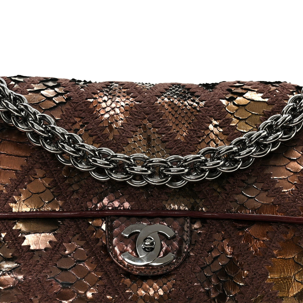 Metallic Snakeskin Crochet Soft and Chain Maxi Flap Burgundy Multicolor