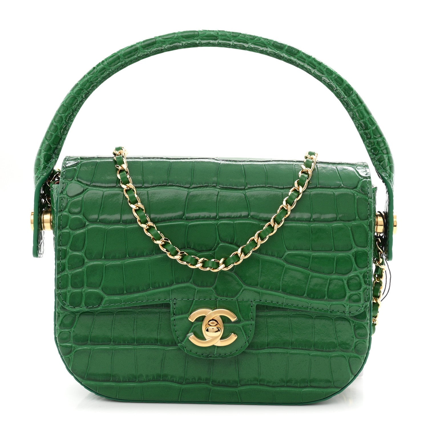 Calfskin Crocodile Embossed Turn Around Mini Flap Emerald