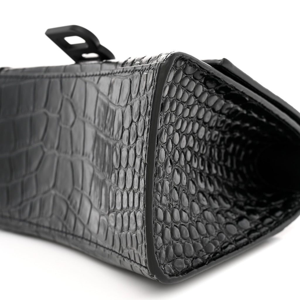 Shiny Calfskin Monochrome Crocodile Embossed Small Hourglass Top Handle Bag Black