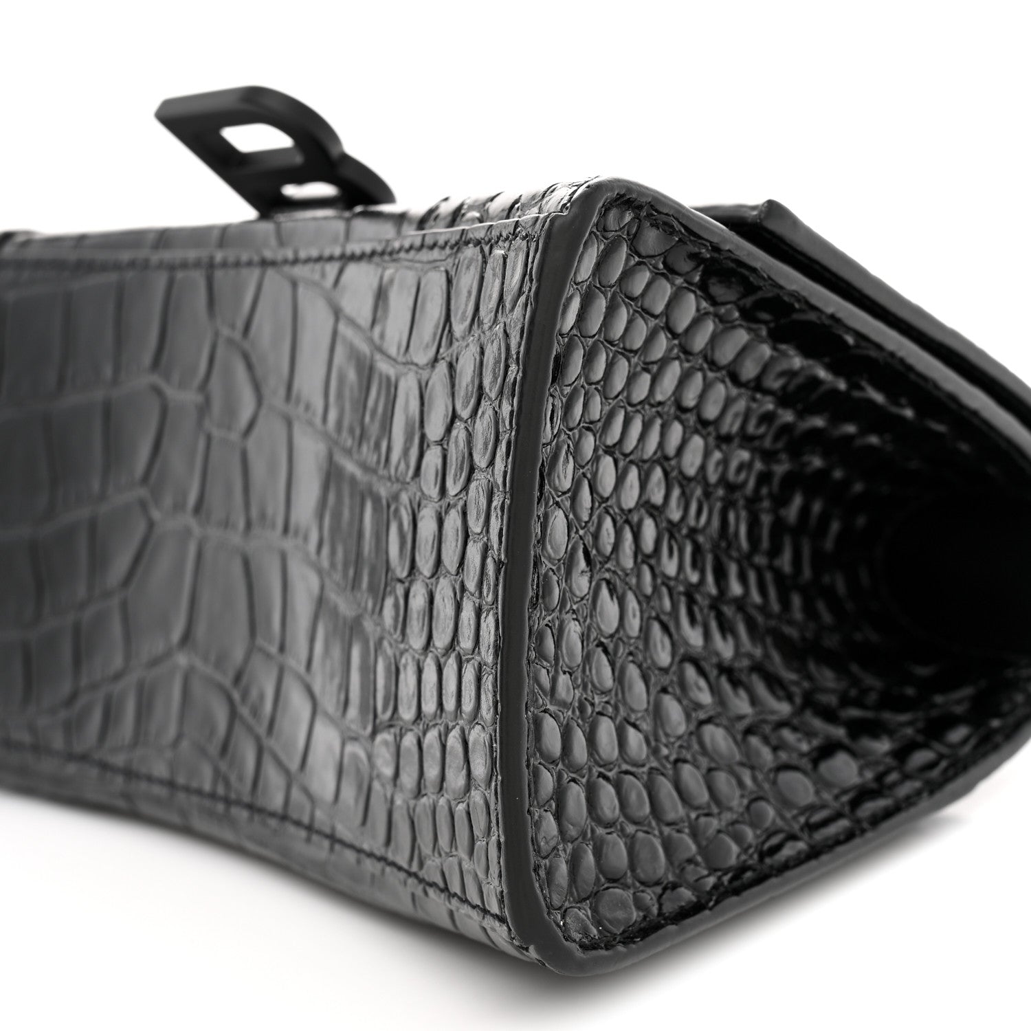 Shiny Calfskin Monochrome Crocodile Embossed Small Hourglass Top Handle Bag Black