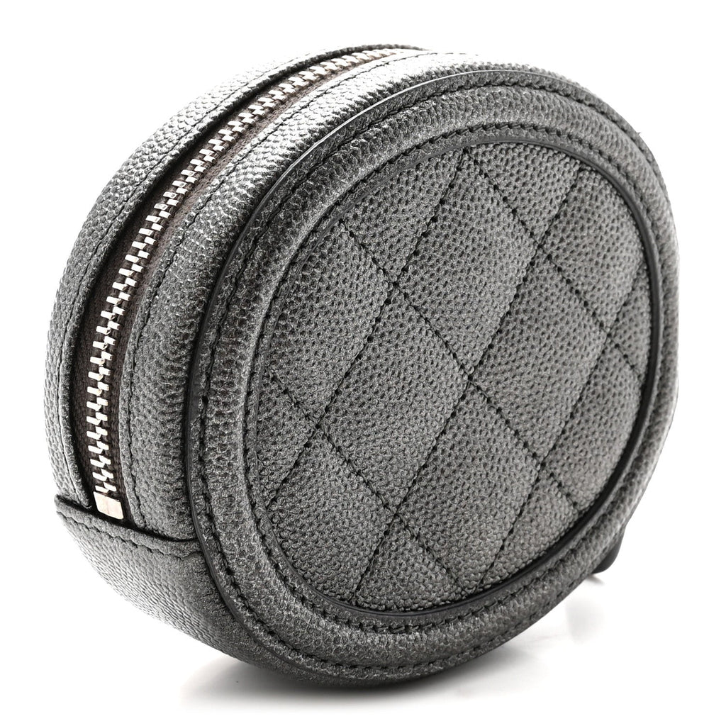 Metallic Caviar Quilted Filigree Zip Around Classic Coin Purse Dark Silver