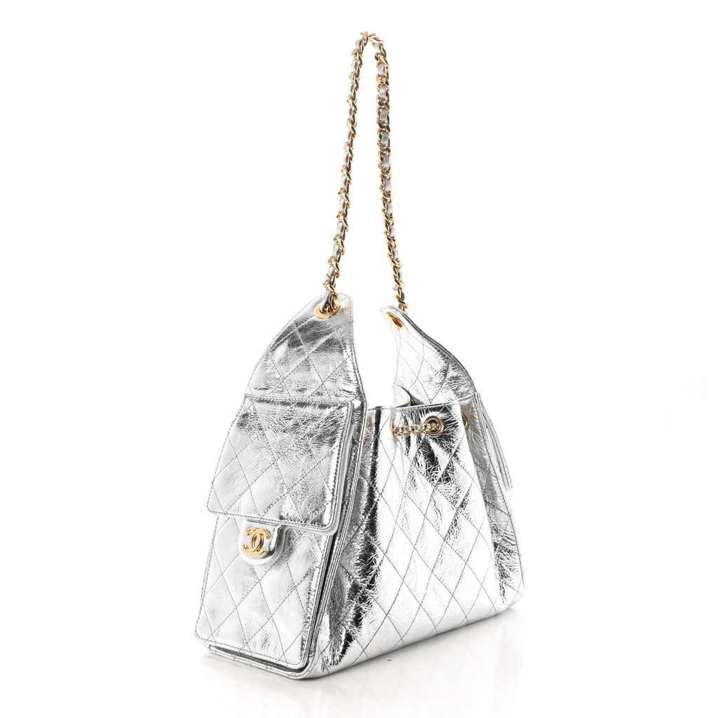 Metallic Aged Calfskin Quilted Small Chanel 25 Handbag Silvery
