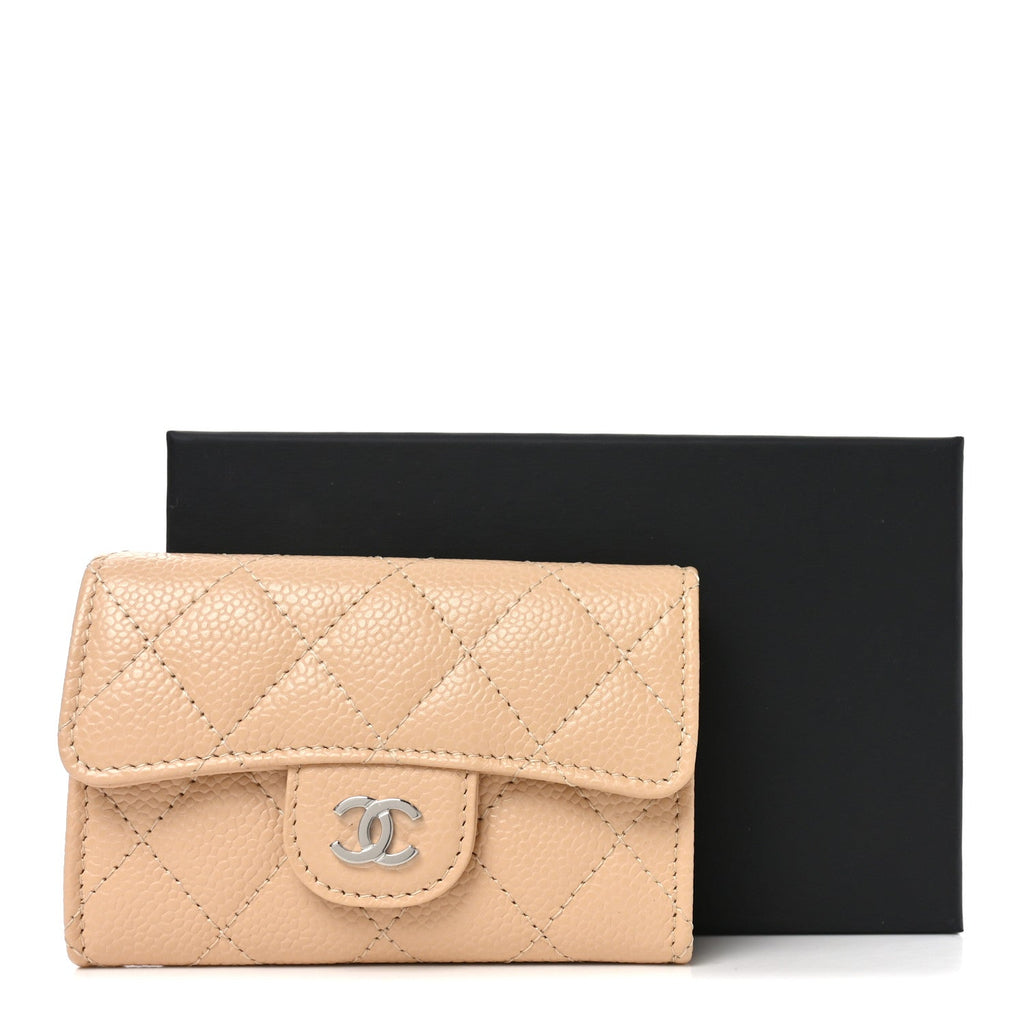 Caviar Quilted Flap Card Holder Wallet Beige