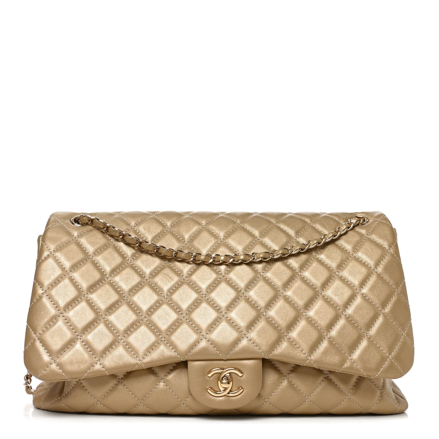 Metallic Calfskin Quilted Small XXL Travel Flap Bag Gold