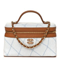 Washed Denim Calfskin Quilted Top Handle Slim Vanity Case With Chain Blue Brown