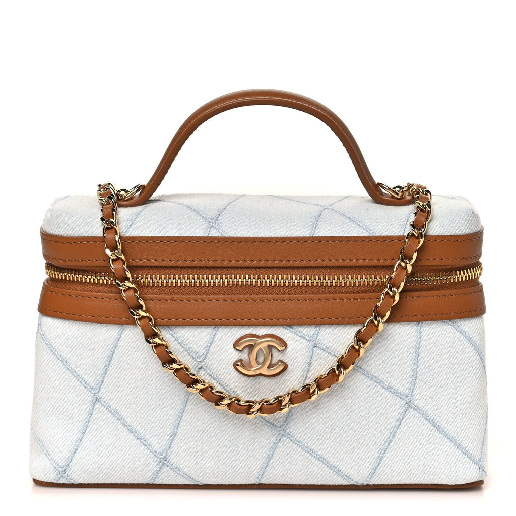 Washed Denim Calfskin Quilted Top Handle Slim Vanity Case With Chain Blue Brown Blue Brown