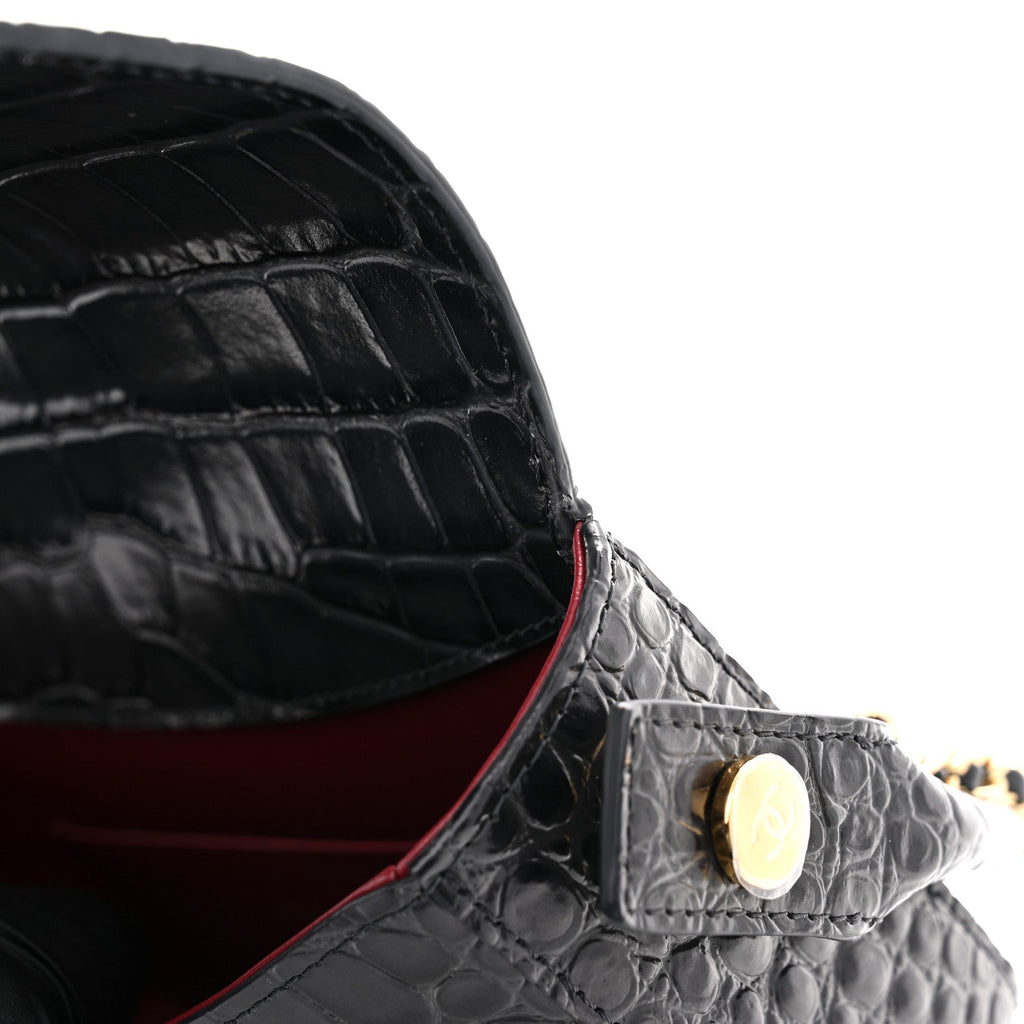 Calfskin Crocodile Embossed Turn Around Mini Flap Dark Grey