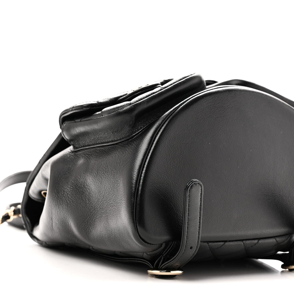 Calfskin Quilted Medium Duma Pockets Drawstring Backpack Black