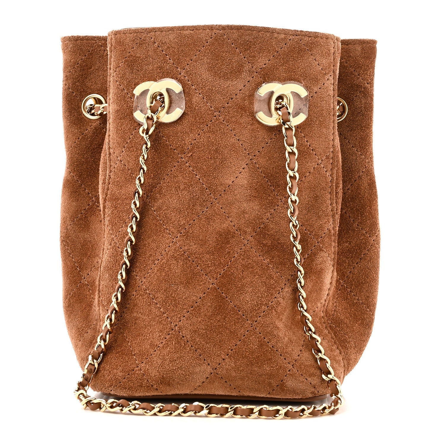 Suede Quilted Bucket Bag With Chain Camel
