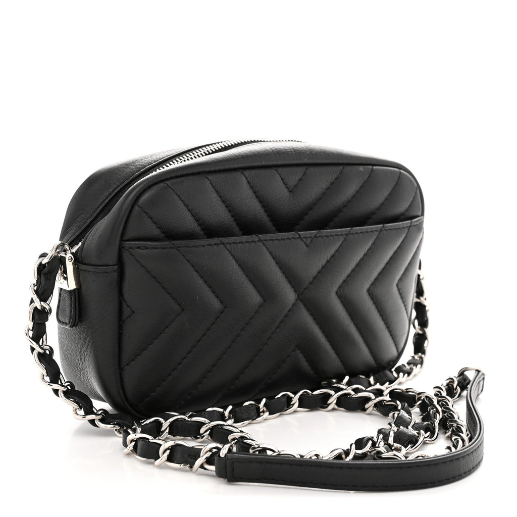 Calfskin Diagonal Chevron Quilted Tassel Camera Case Black