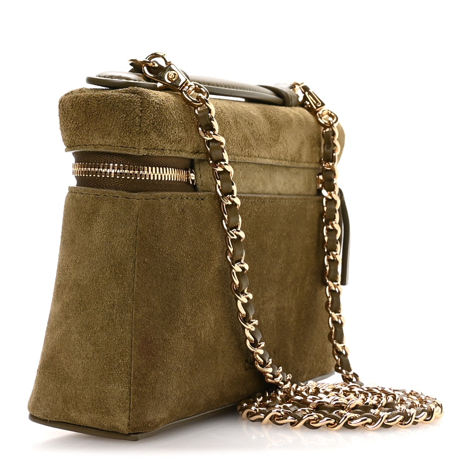 Suede Calfskin Top Handle Slim Vanity Case With Chain Dark Khaki