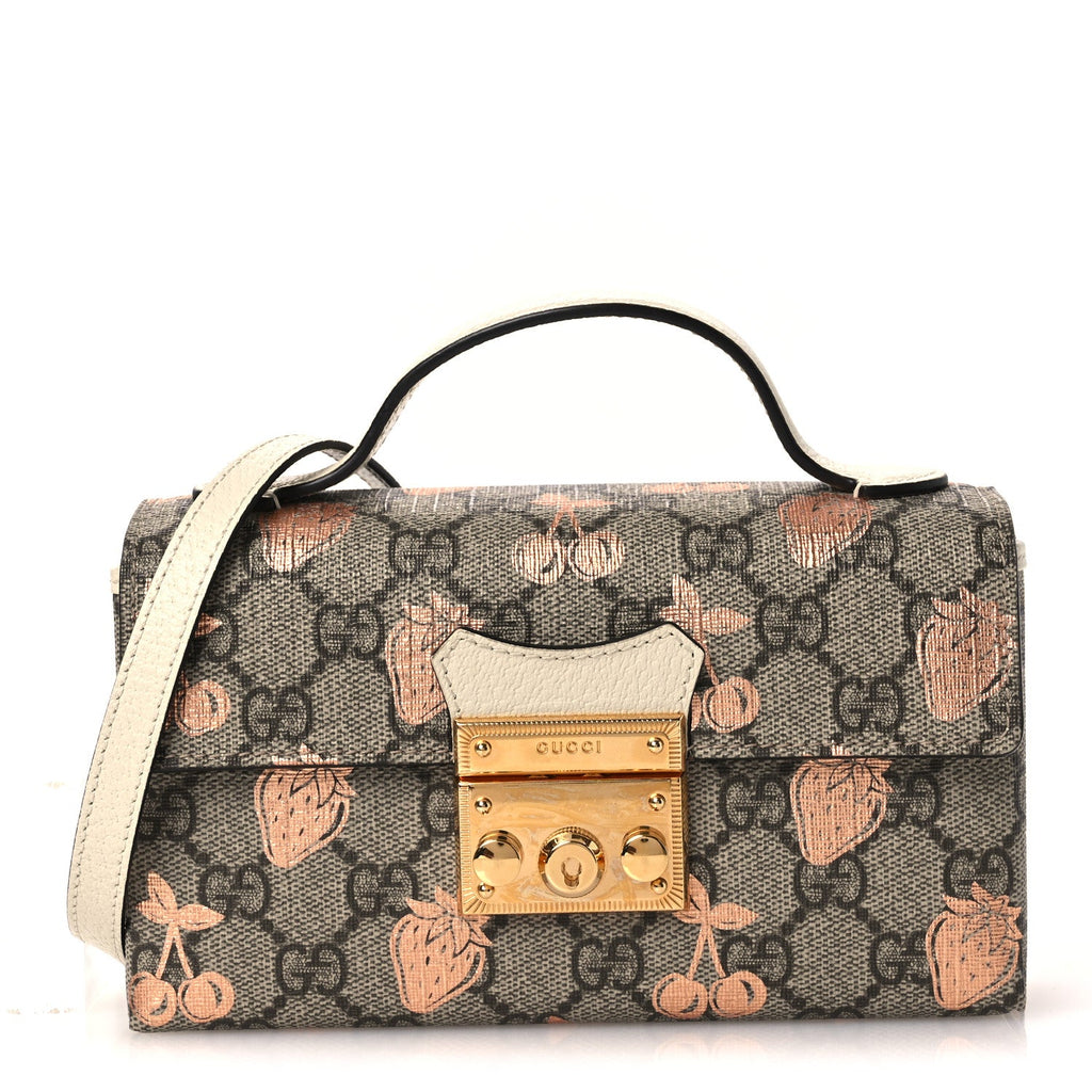 GG Supreme Monogram Berry Textured Dollar Calfskin Mini Padlock Top Handle Shoulder Bag Beige Ebony Light Copper Mystic White