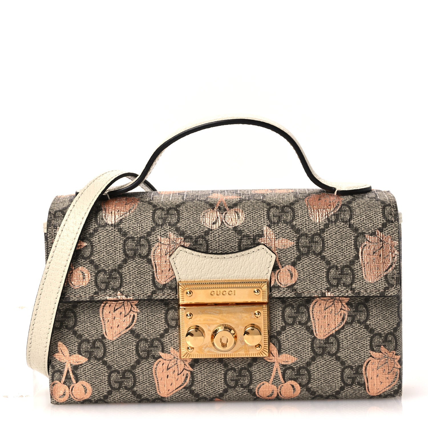 GG Supreme Monogram Berry Textured Dollar Calfskin Mini Padlock Top Handle Shoulder Bag Beige Ebony Light Copper Mystic White