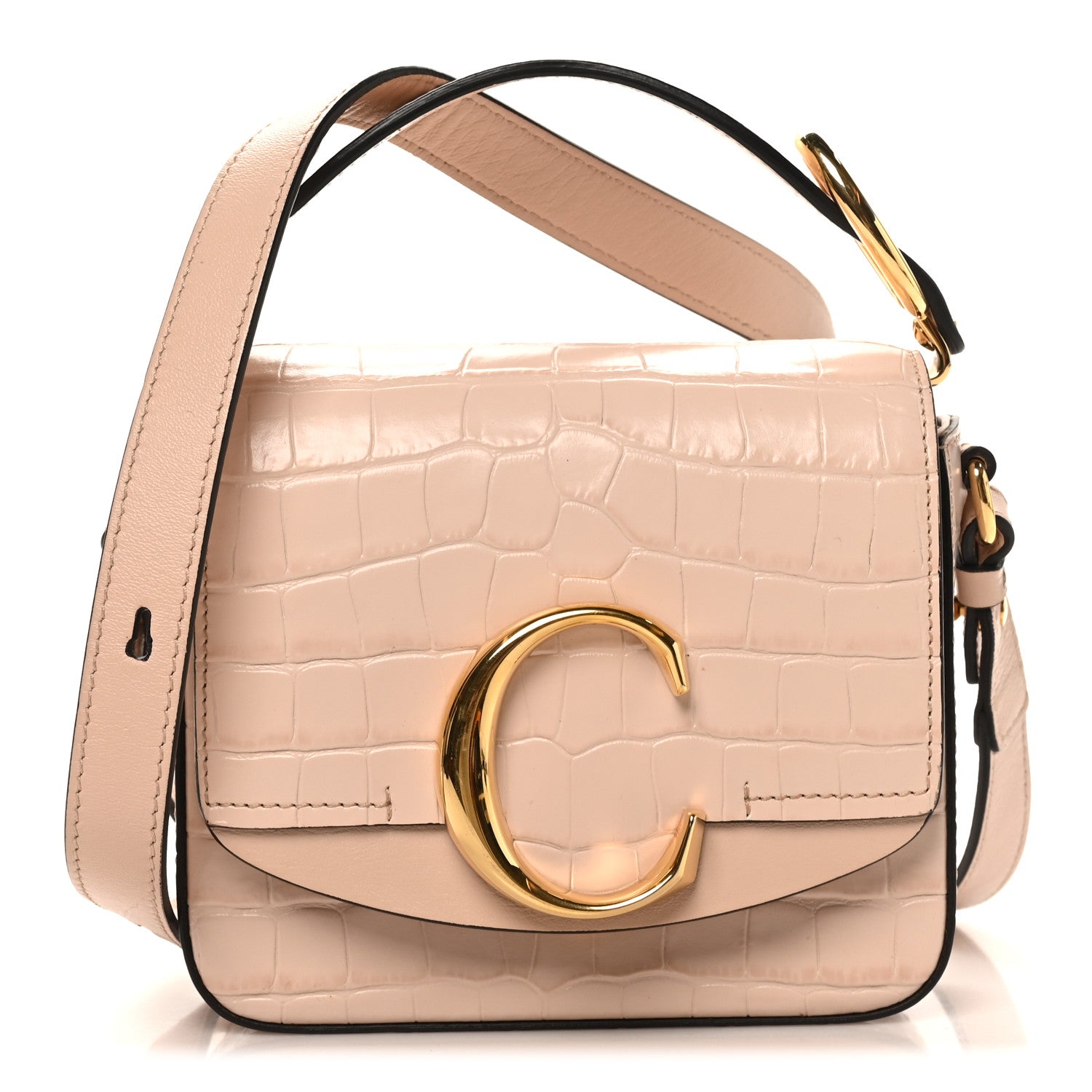 Calfskin Crocodile Embossed Mini C Double Carry Cement Pink