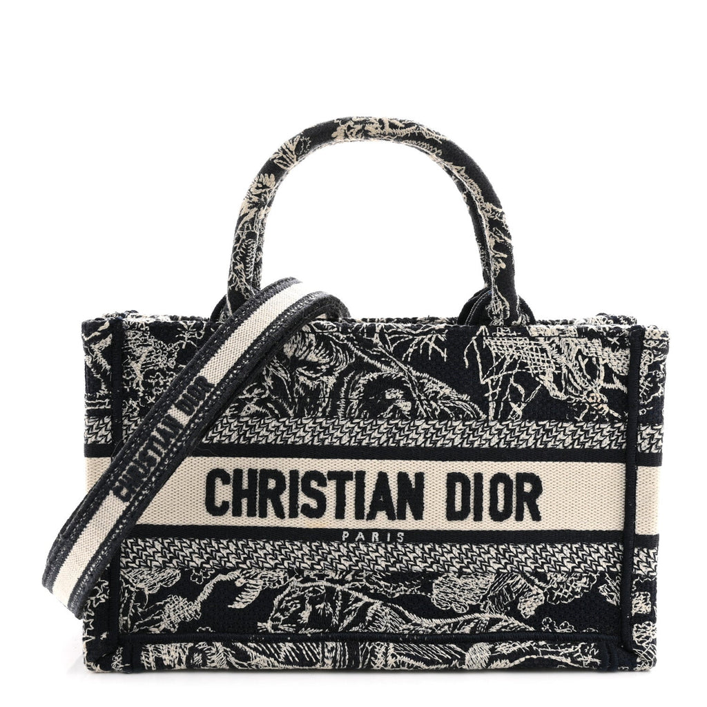 Canvas Embroidered Toile De Jouy Reverse Mini Book Tote With Strap Blue Multicolor