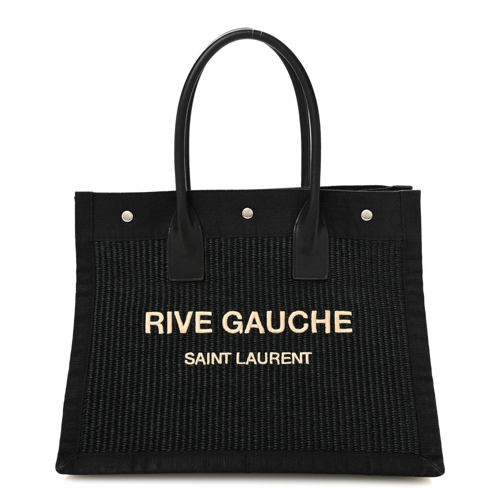 Raffia Linen Calfskin Small Rive Gauche Tote Black