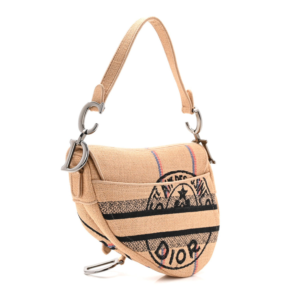 Canvas Jute Embroidered Saddle Bag Black Beige