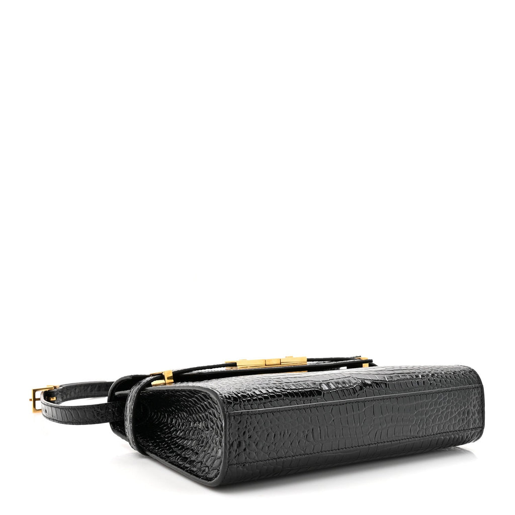 Shiny Calfskin Crocodile Embossed Small Manhattan Baguette Black