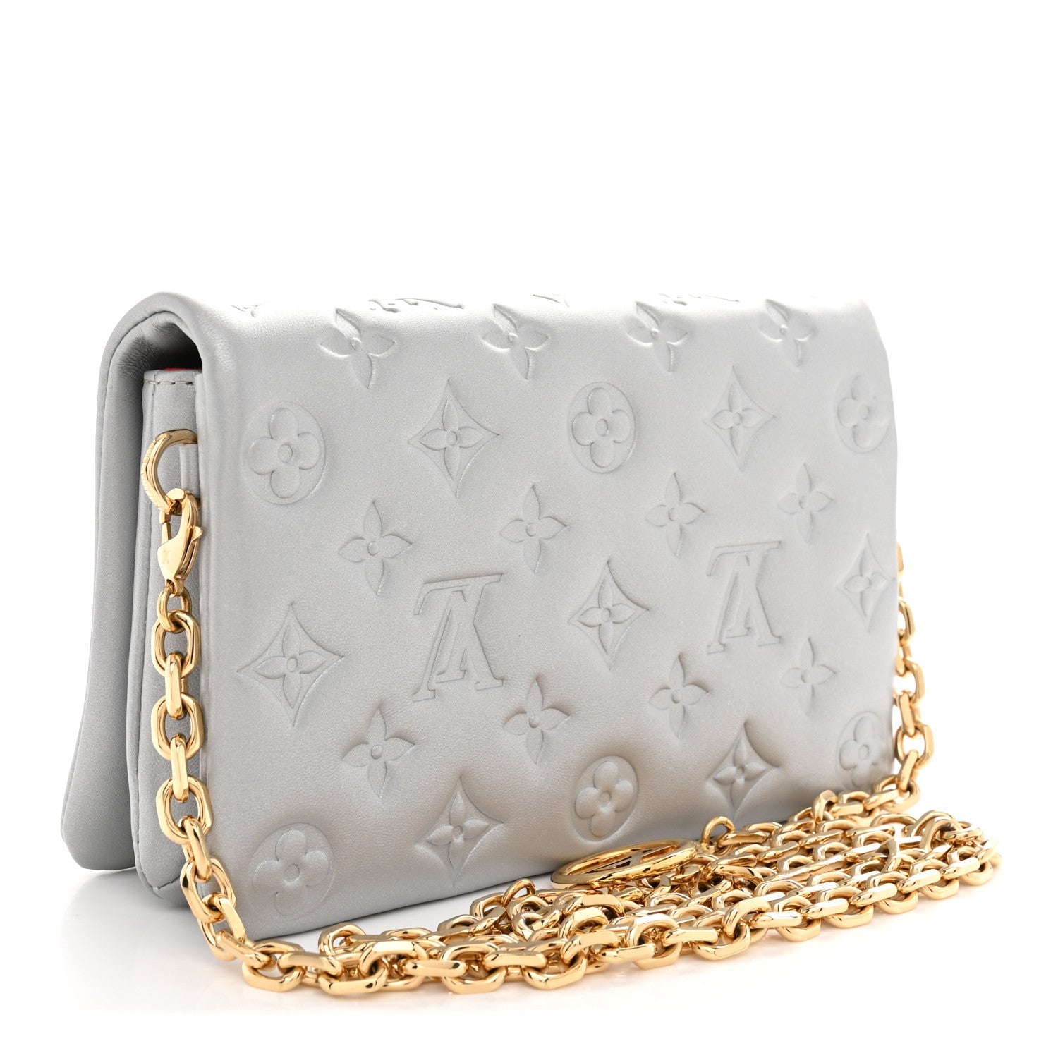 Metallic Lambskin Embossed Monogram Pochette Coussin Silver