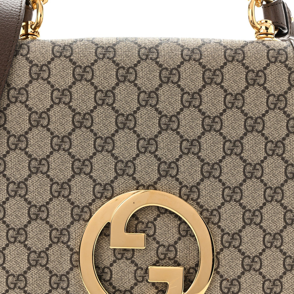 GG Supreme Monogram Textured Dollar Calfskin Web Medium Blondie Top Handle Shoulder Flap Bag Beige Ebony New Acero