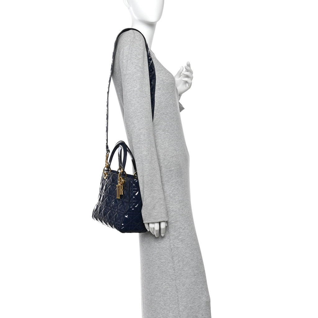 Patent Cannage Medium Supple Lady Dior  Navy Blue