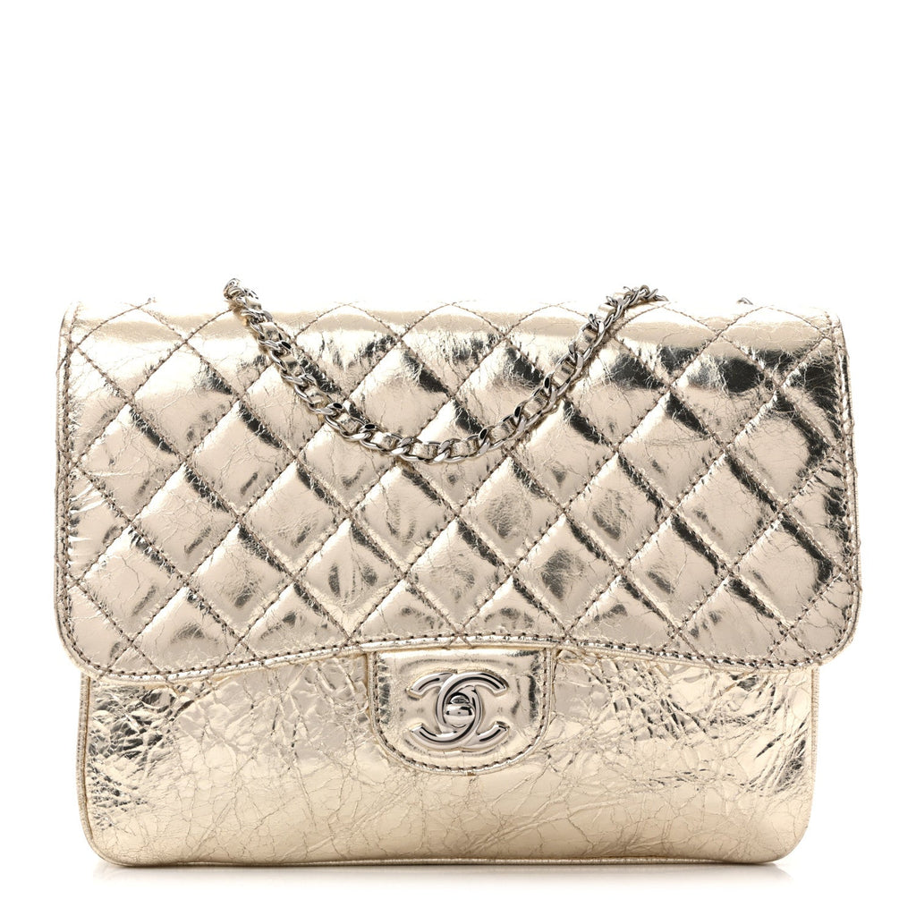 Metallic Crackled Calfskin Medium Clam's Pocket Flap Gold