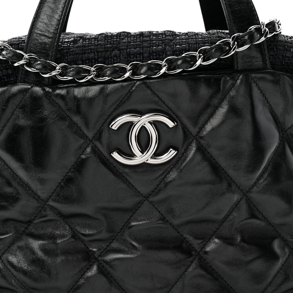 Glazed Calfskin Quilted Tweed Portobello Tote Black