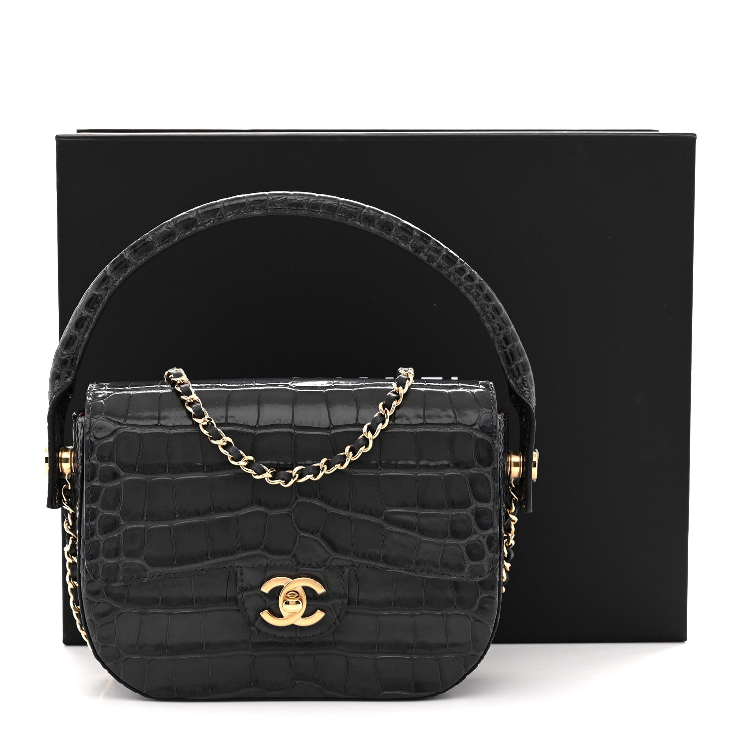 Calfskin Crocodile Embossed Turn Around Mini Flap Dark Grey Dark Grey