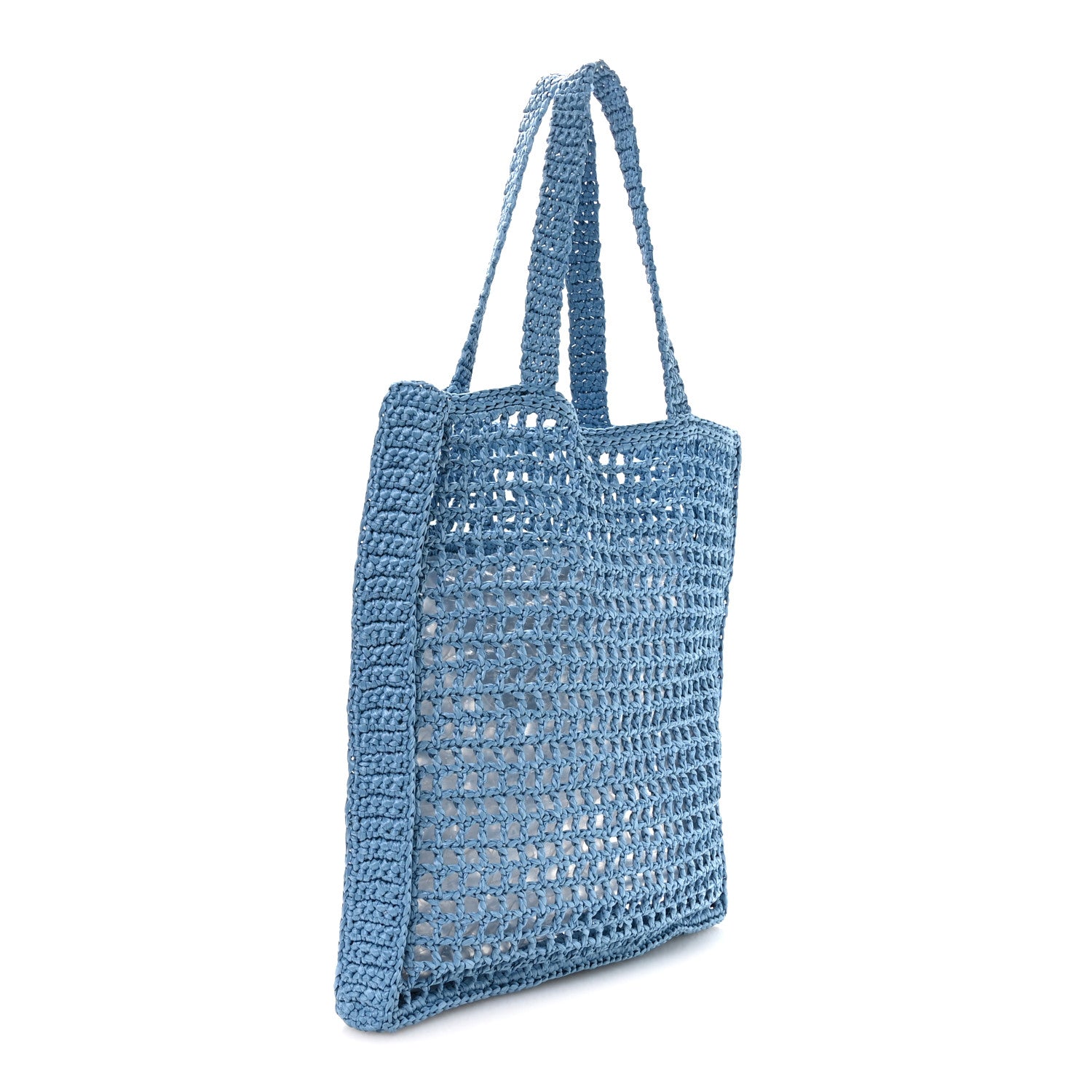 Yarn Raffia Effect Crochet Logo Embroidered Tote Bag Celeste