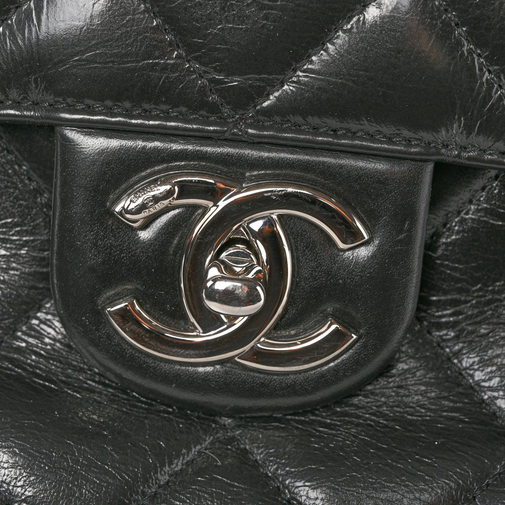 Glazed Calfskin Quilted Large CC Delivery Tote Black