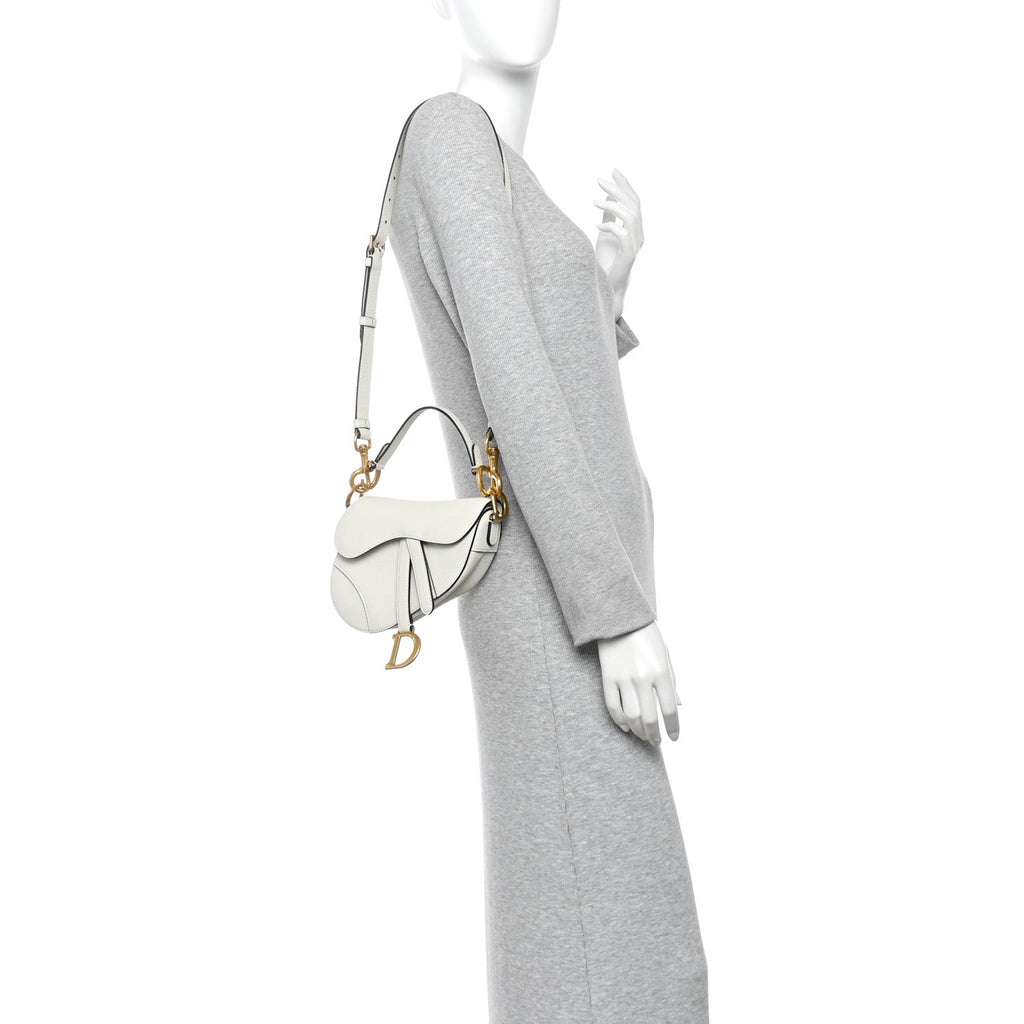 Grained Calfskin Mini Saddle Bag With Strap White