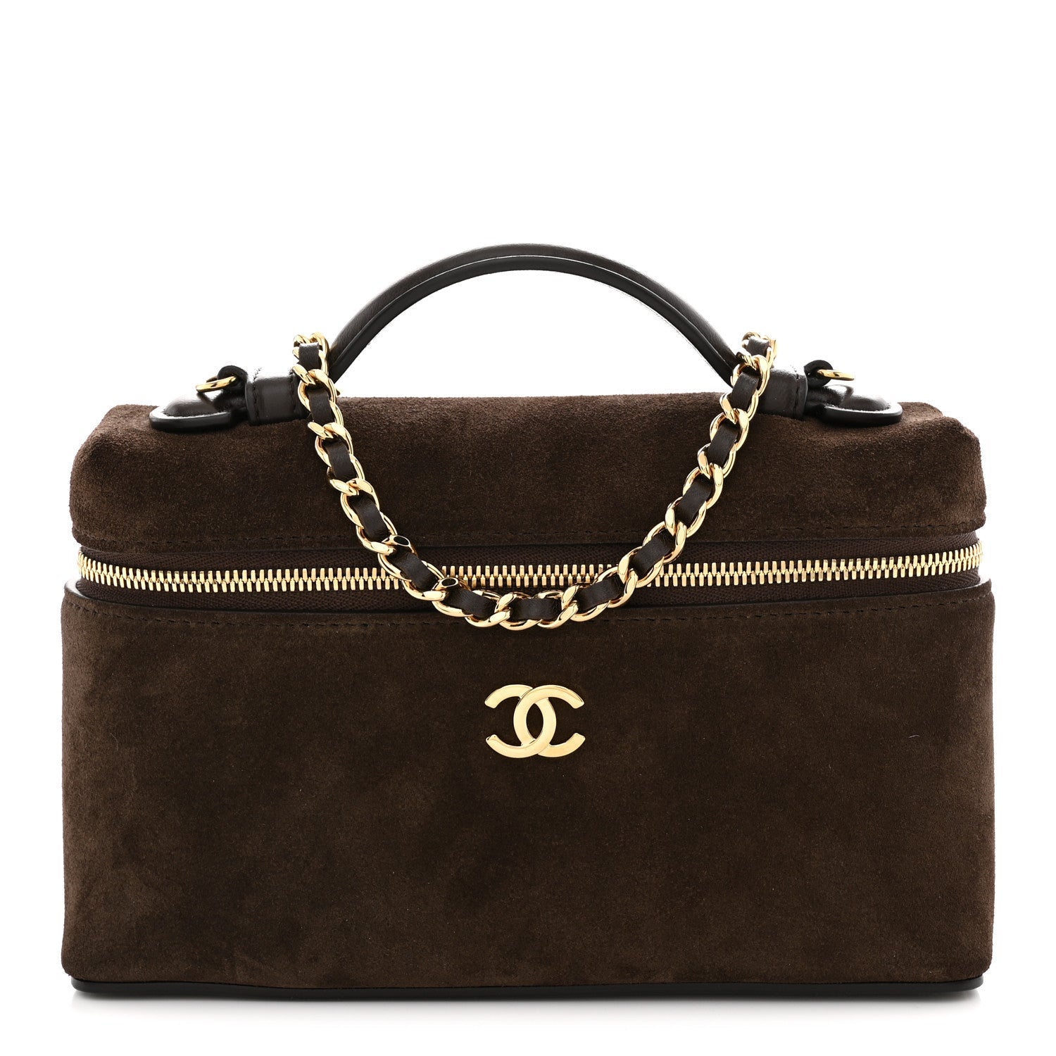 Suede Calfskin Top Handle Trapeze Small Vanity Case With Chain Dark Brown
