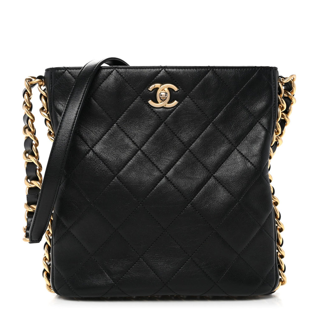 Calfskin Quilted Framing Chain Hobo Black